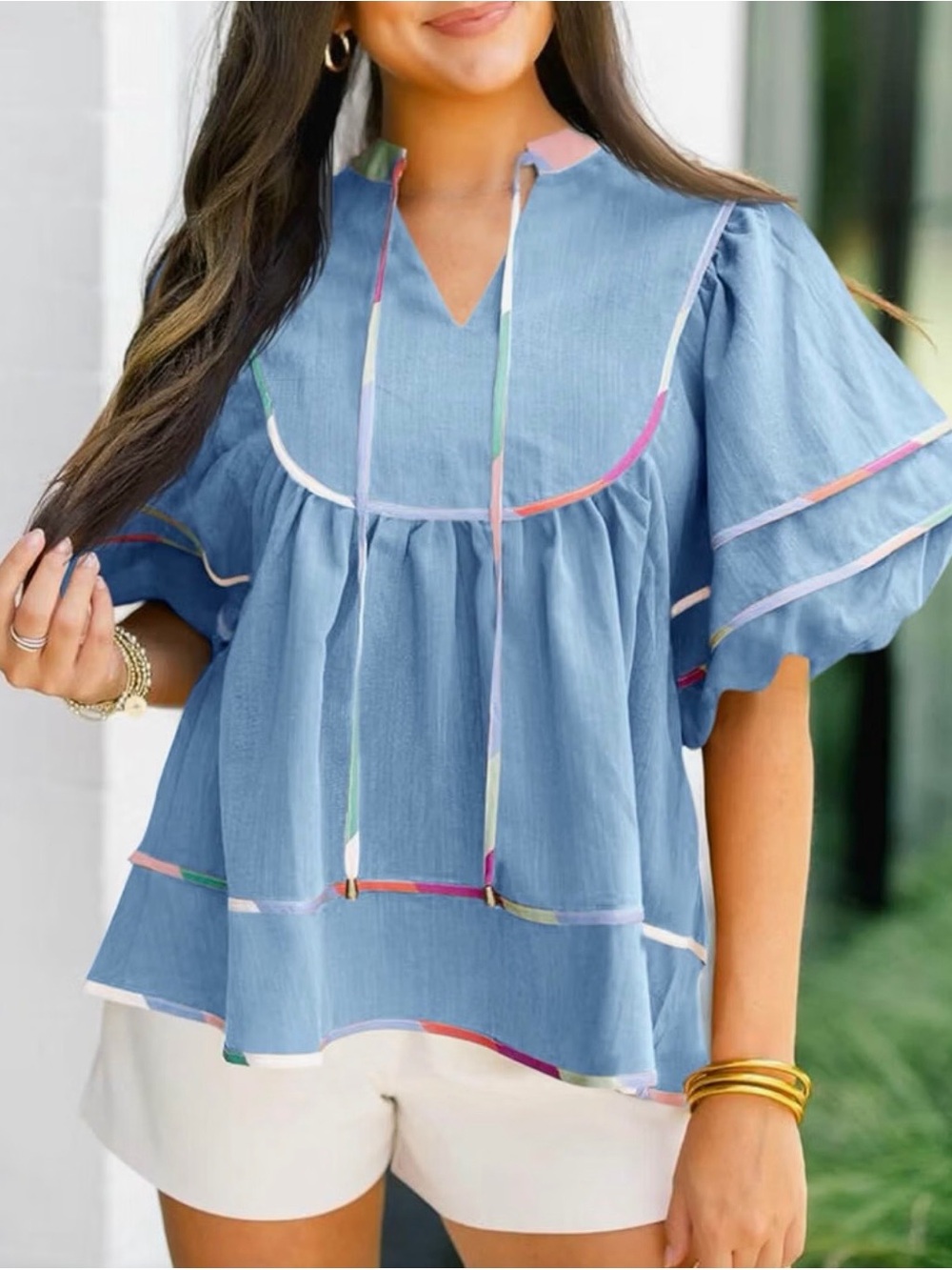 Blue Peasant Ruffle Tie-Neck Top